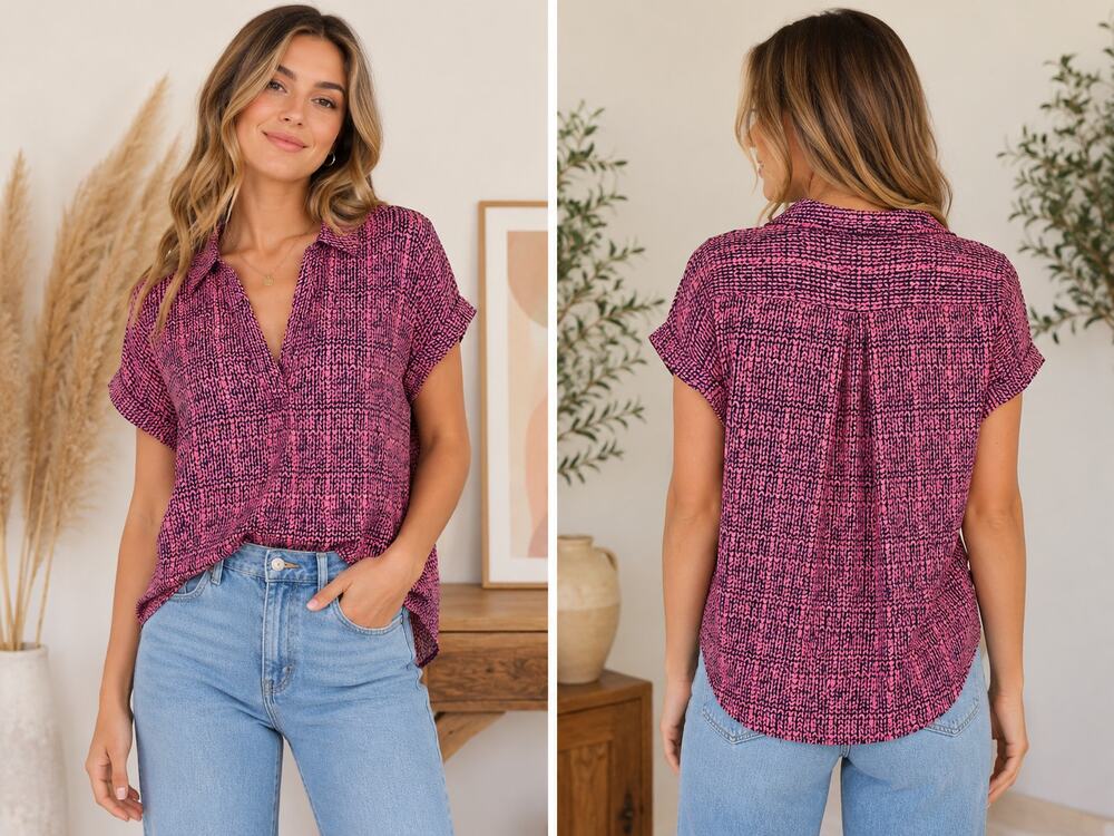 Anthropologie Pleione Pink Print Split Neck Blouse Short Sleeve Medium